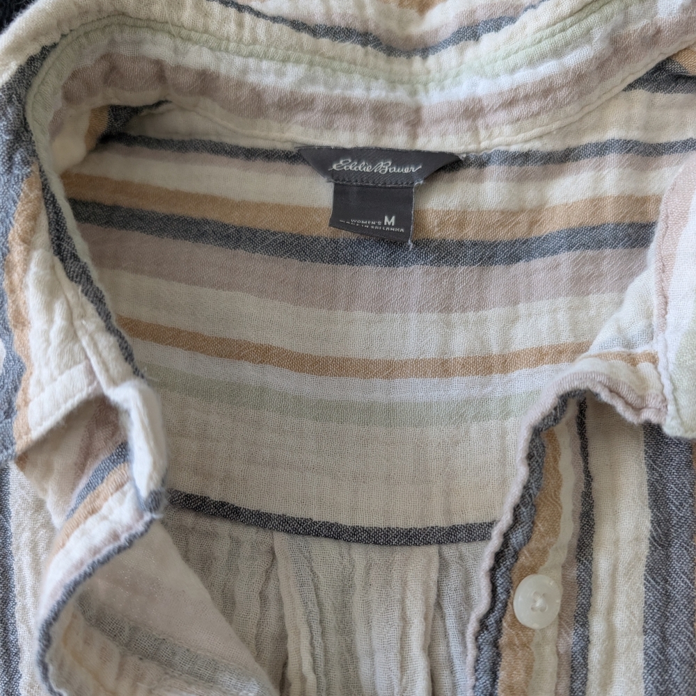 100% Cotton Button Down Shirt Parchment Stripe Minimalist Neutral Coastal Eco M image 3